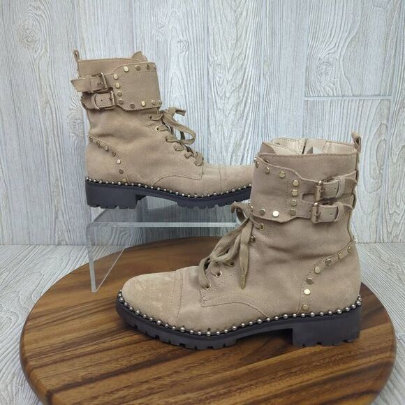 Sam Edelman Womens 8.5 Jennifer Boots Studded Combat Tan Suede Zip Ankle - Picture 1 of 12